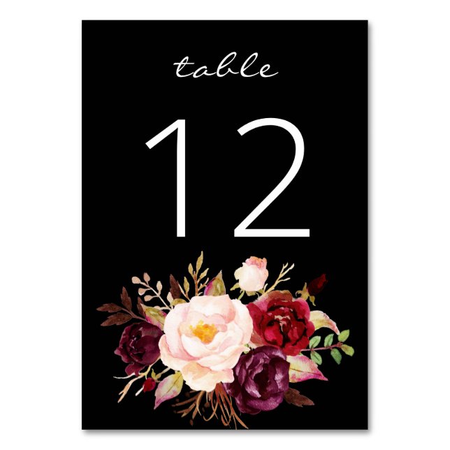 Burgundy Marsala und Pink Floral 3- Schwarz Tischnummer (Rückseite)