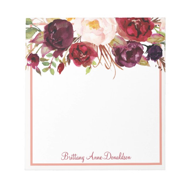 Burgundy Marsala Wasserfarbenfloral personalisiere Notizblock (Vorderseite)