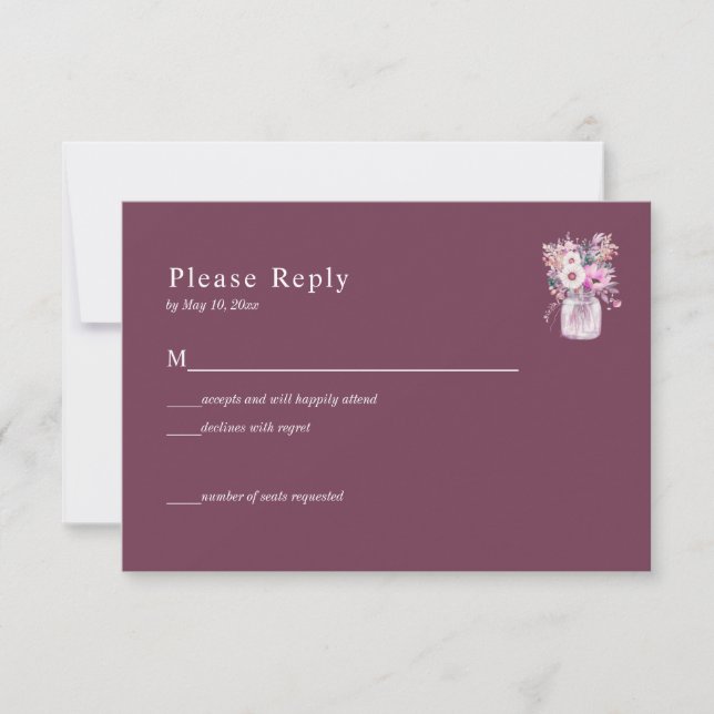 Burgundy Mason Jar avec Fleurs carte RSVP (Devant)