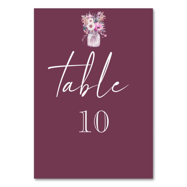 Burgundy Mason Jar mit Blume Tischnummer (Vorderseite)