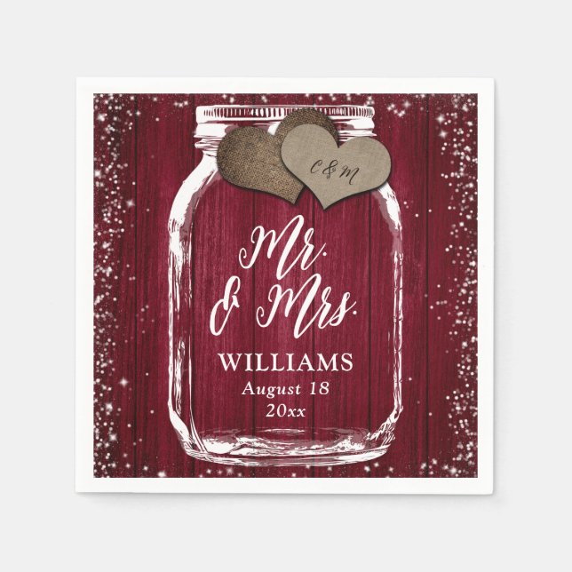 Burgundy Mason Jar Rustic Wood Mr & Mrs Wedding Serviette (Vorderseite)