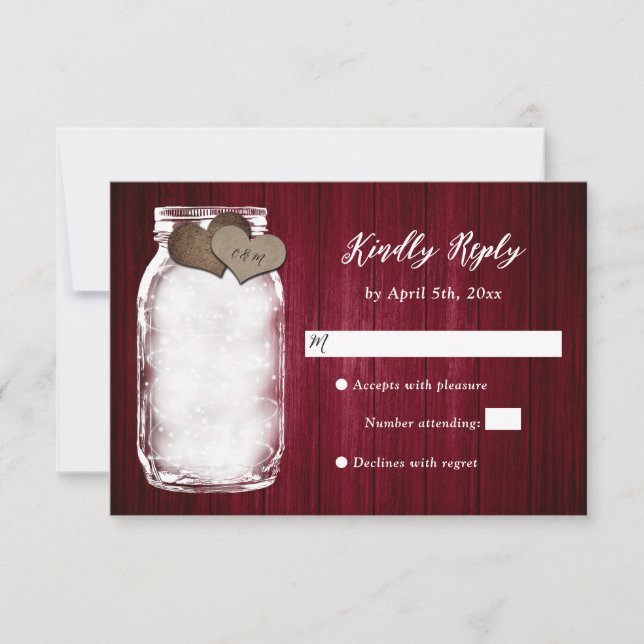 Burgundy Mason Jar Wood Lights Wedding RSVP Card (Vorderseite)