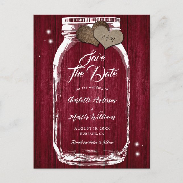 Burgundy Mason Jar Wood Wedding speichern das Datu Ankündigungspostkarte (Vorderseite)