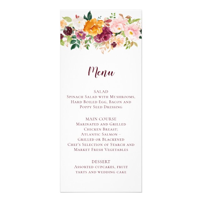 Burgundy Mauve Blush Saffron Floral Wedding Menu Werbekarte (Vorne)