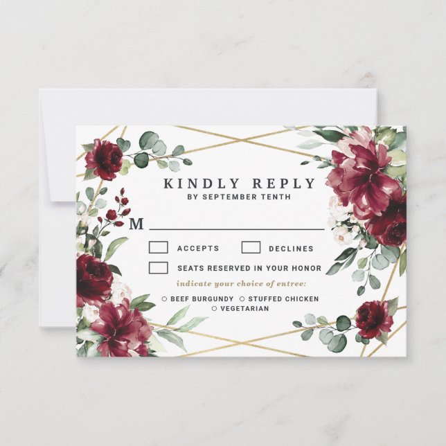 Burgundy Meal Choice Blush Goldene Grüne Hochzeit RSVP Karte (Vorderseite)