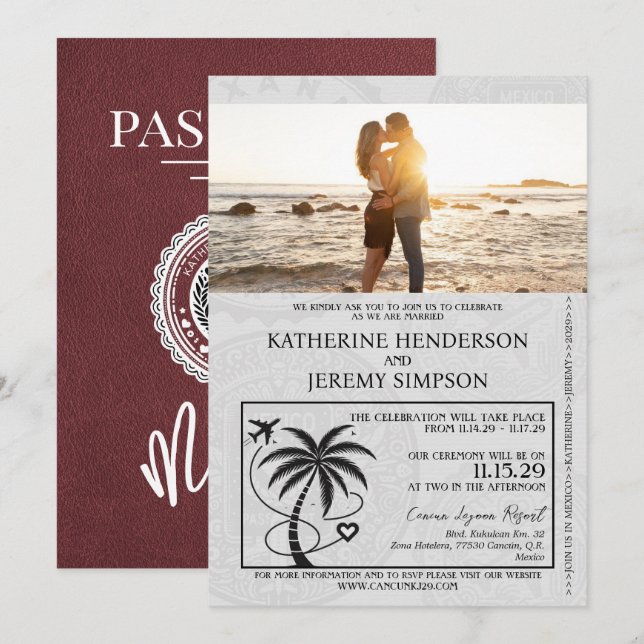 Burgundy Mexico Passport Wedding Einladung (Vorne/Hinten)
