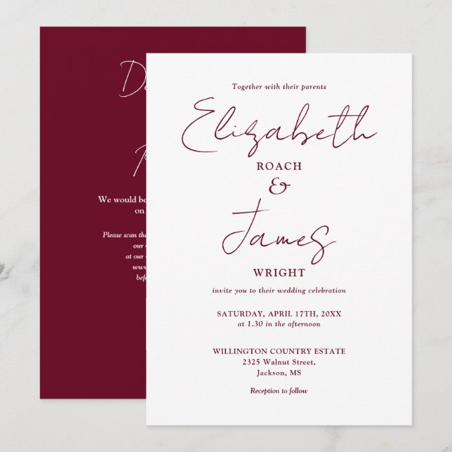 Burgundy Minimalistisch Elegant QR Code Wedding Einladung (Vorne/Hinten)