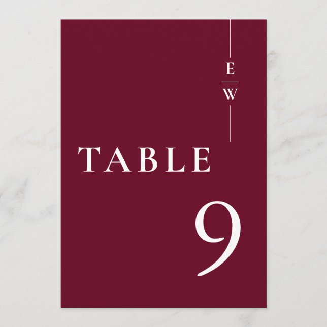 Burgundy Minimalistisch Moderne Monogram-Tischnumm Einladung (Vorderseite)