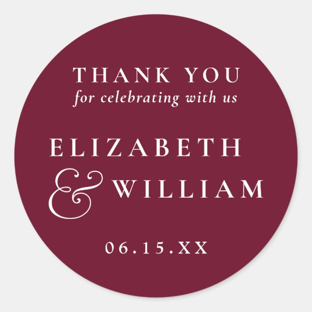 Burgundy Minimalistisch Monogram Wedding Danke Runder Aufkleber (Vorderseite)