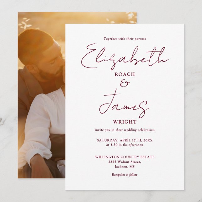 Burgundy Minimalistisch Script Foto Wedding Einladung (Vorne/Hinten)