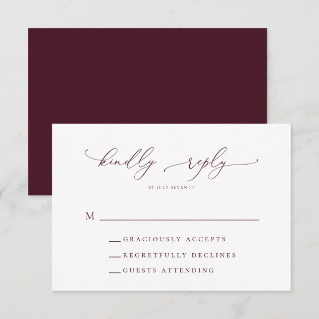 Burgundy Minimalistisch Wedding RSVP Card Karte (Vorne/Hinten)