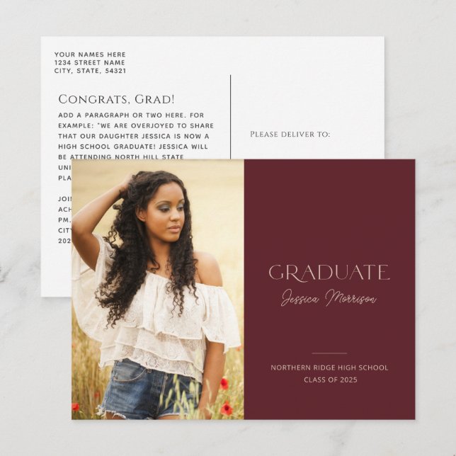 Burgundy Modern Grad 2023 Photo Graduation Postkarte (Vorne/Hinten)