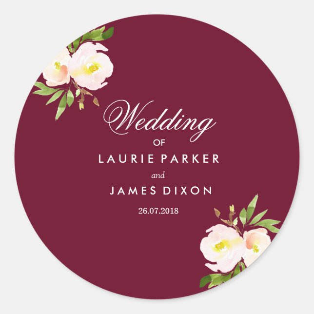 Burgundy Moderne Floral Élégant Sticker Mariage (Devant)