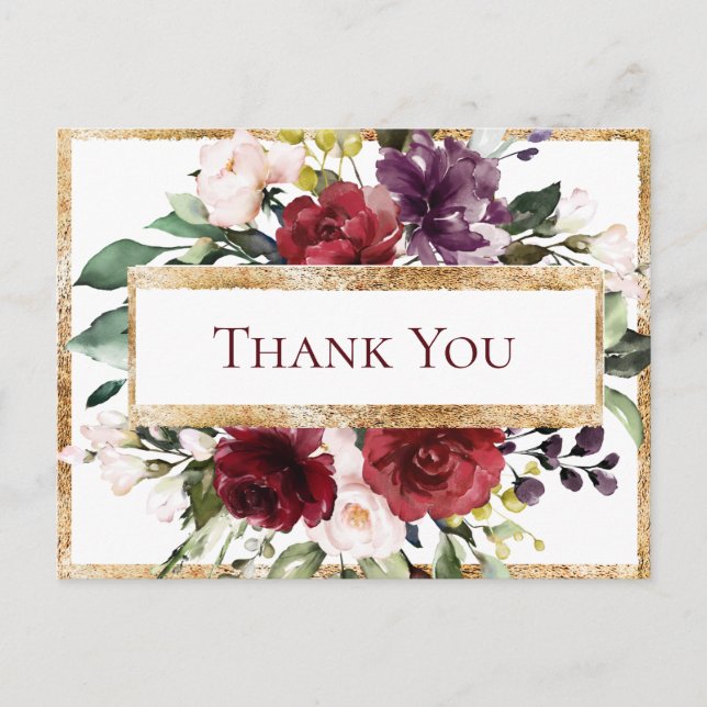 Burgundy Monogram Floral Gold Vielen Dank Postkarte (Vorderseite)