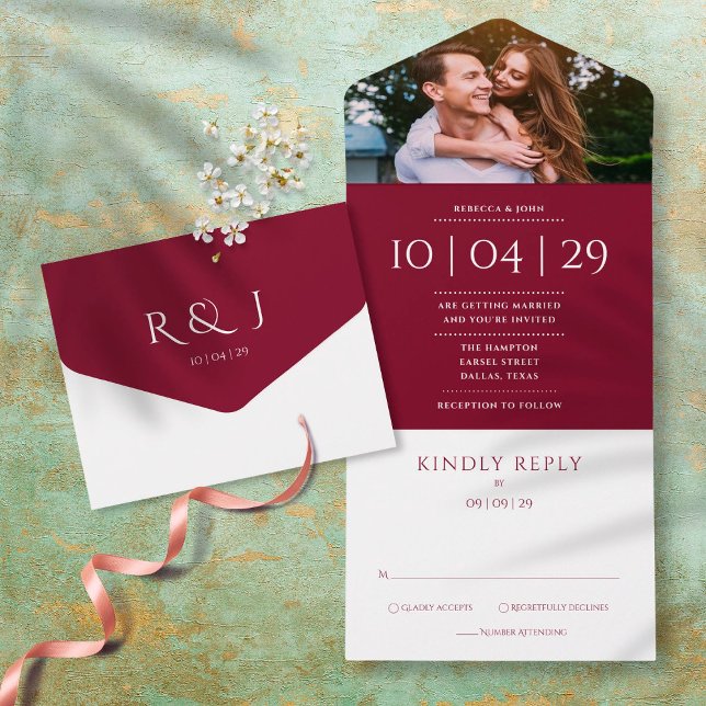 Burgundy Monogram Foto Hochzeitdatum All In One Einladung (Von Creator hochgeladen)