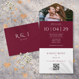 Burgundy Monogram QR Code Foto Hochzeitdatum All In One Einladung