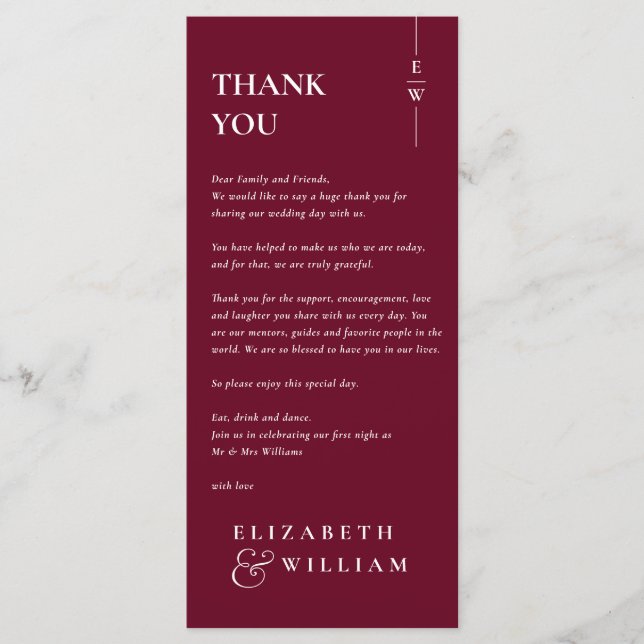 Burgundy Monogram Wedding Danke Platzkarte Menükarte (Vorderseite)