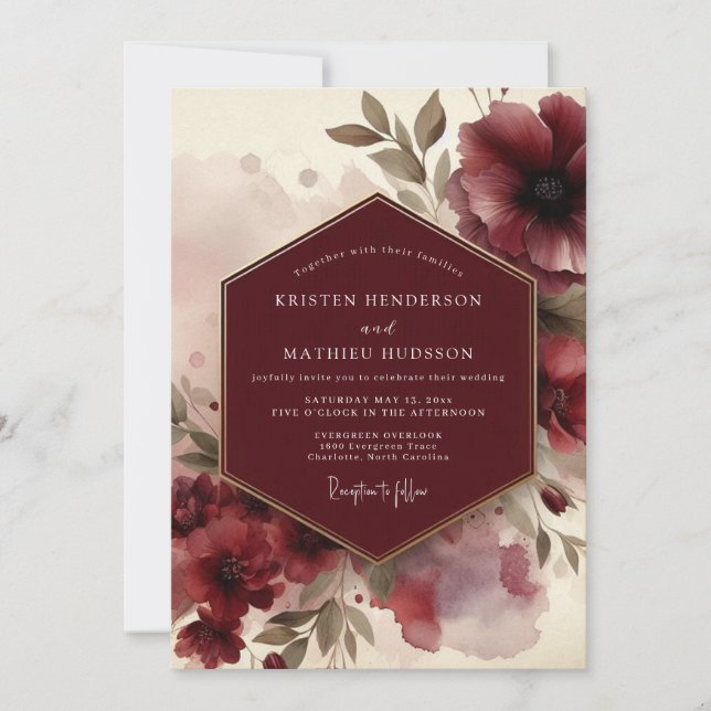 Burgundy Moody Bloom Wedding Einladung (Vorderseite)