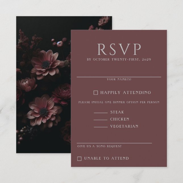 Burgundy Moody Floral RSVP Karte (Vorne/Hinten)