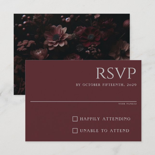 Burgundy Moody Floral RSVP Karte (Vorne/Hinten)