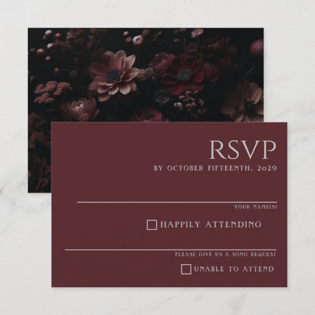 Burgundy Moody Floral RSVP Karte (Vorne/Hinten)