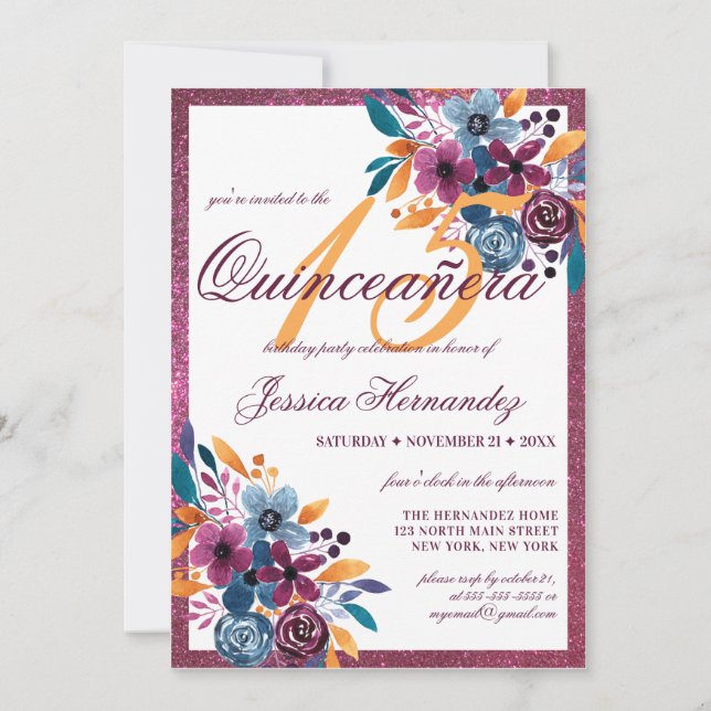 Burgundy Mustard Watercolor Blume Quinceañera Einladung (Vorderseite)