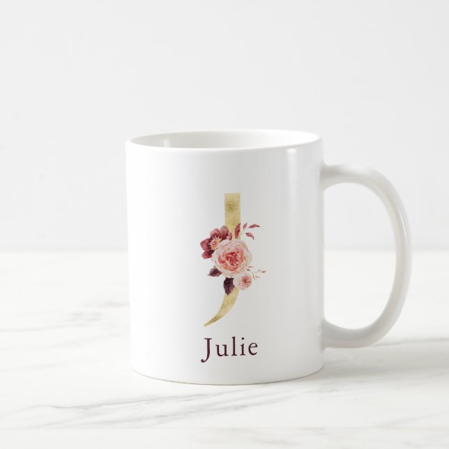 Burgundy Name and Pink Floral Monogram Letter J Kaffeetasse (Rechts)