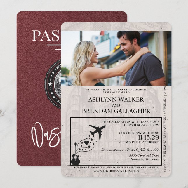 Burgundy Nashville Passport Wedding Einladung (Vorne/Hinten)
