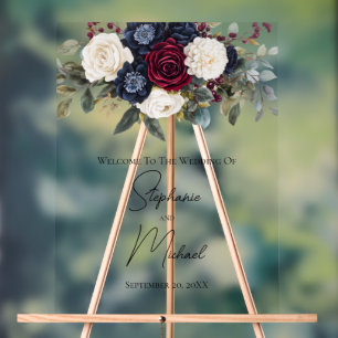 Burgundy Navy Blauer Flora Elegante Hochzeit Acrylschild