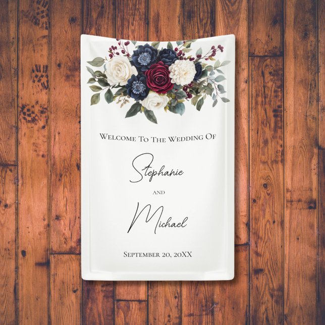 Burgundy Navy Blauer Flora Elegante Hochzeit Banner (Burgundy Navy Blue Cream White Floral Wedding Banner Tapestry. )