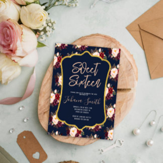 Burgundy Navy Blauer Peony Floral 16. Geburtstag Einladung