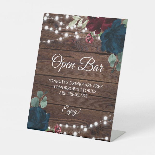 Burgundy & Navy Blue Blume Open Bar Sign Sockelschild (Vorderseite)
