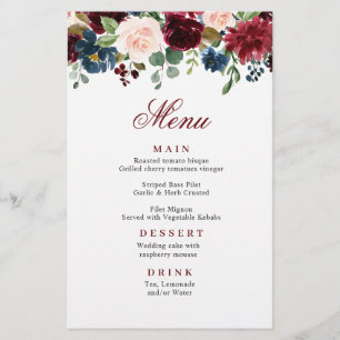 Burgundy Navy Blue Blush Floral Menu Mariage