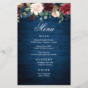 Burgundy Navy Blue Blush Floral Menu Mariage