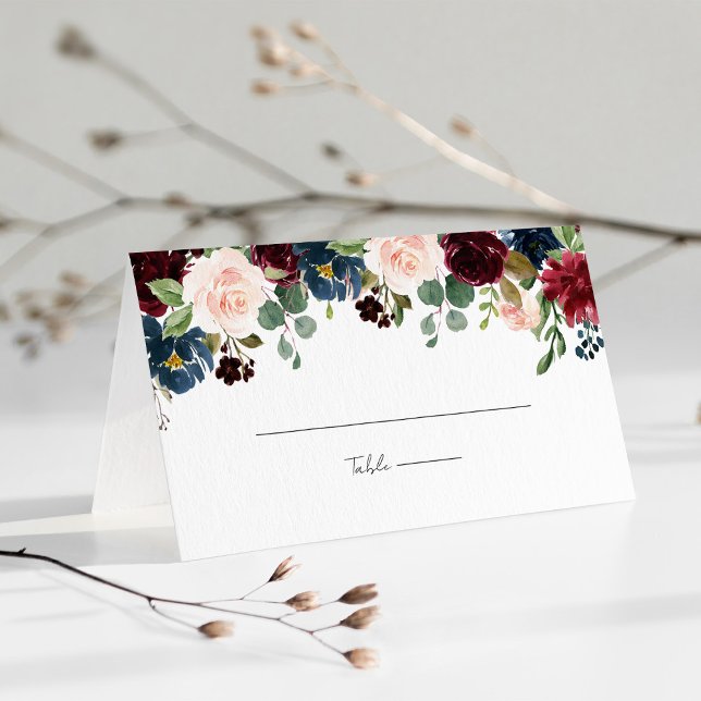 Burgundy Navy Blue & Blush Pink Floral Wedding Platzkarte (Burgundy Navy Blue & Blush Pink Floral Wedding Place Card)