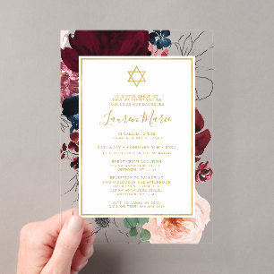Burgundy Navy Blue Floral Bat Mitzvah Acryleinladungen