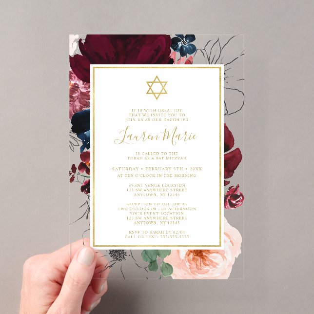 Burgundy Navy Blue Floral Bat Mitzvah Acryleinladungen (Insitu (Handheld))