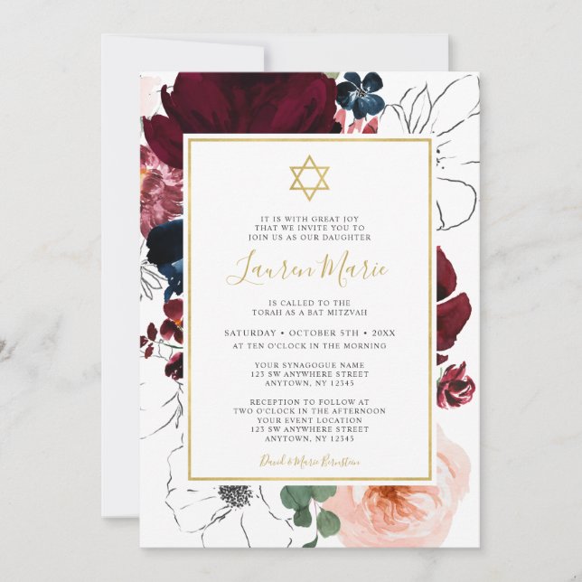 Burgundy Navy Blue Floral Bat Mitzvah Einladung (Vorderseite)