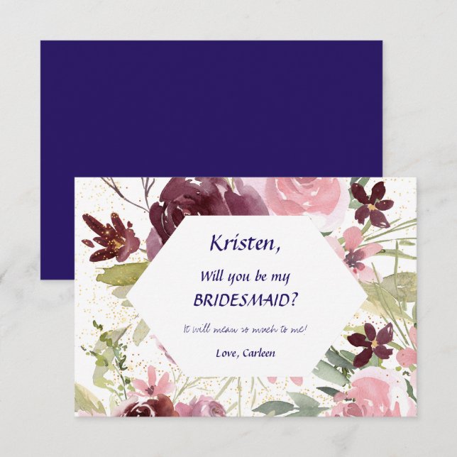 Burgundy Navy Blue Floral Be My Bridesmaid Einladung (Vorne/Hinten)