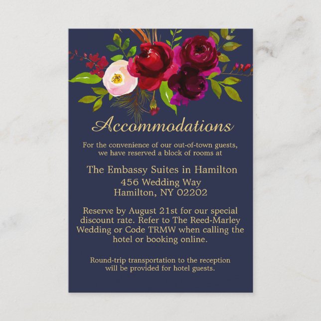 Burgundy Navy Blue Floral Elegantes Skript Begleitkarte (Vorderseite)