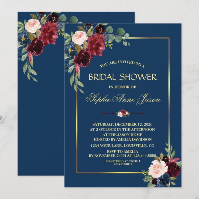 Burgundy Navy Blue Floral Gold Frame Brautparty Einladung (Vorne/Hinten)