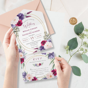 Burgundy Navy Blue Floral Gold Geometric Wedding All In One Einladung
