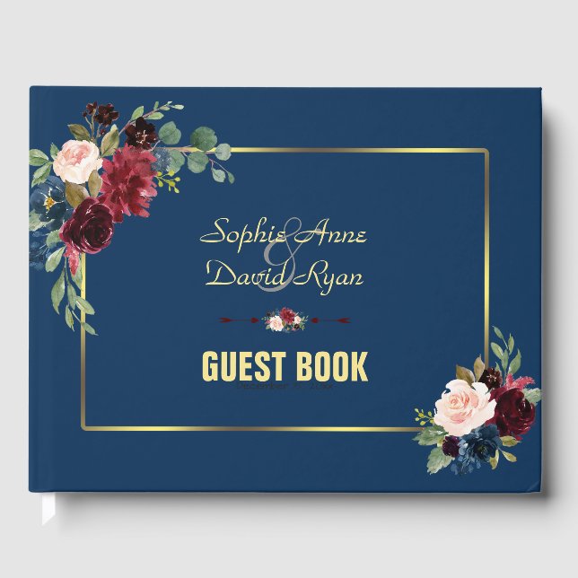 Burgundy Navy Blue Floral Golden Frame Wedding Gästebuch (Vorderseite)