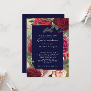 Burgundy Navy Blue Floral Quinceañera Invitation