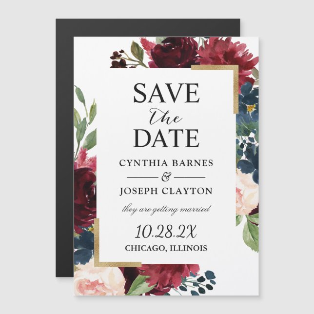 Burgundy Navy Blue Floral Save the Date Magnet (Devant / Derrière)