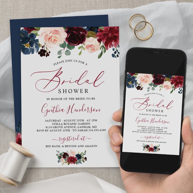 Burgundy Navy Blue Floral Script Bridal Shower Einladung (Von Creator hochgeladen)