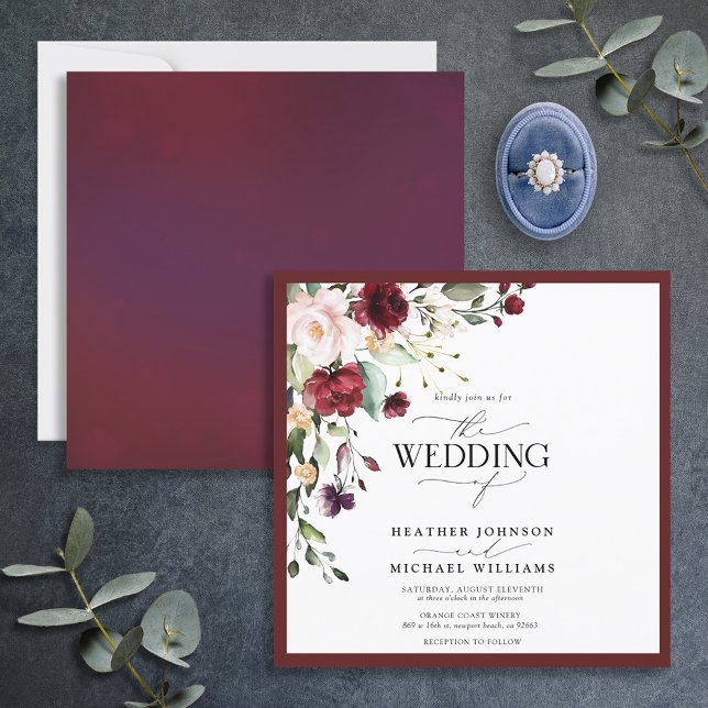 Burgundy Navy Blue Floral Watercolor Script Einladung (Von Creator hochgeladen)