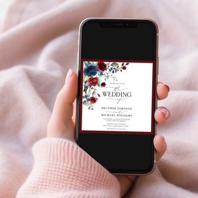 Burgundy Navy Blue Floral Watercolor Script Einladung (Von Creator hochgeladen)