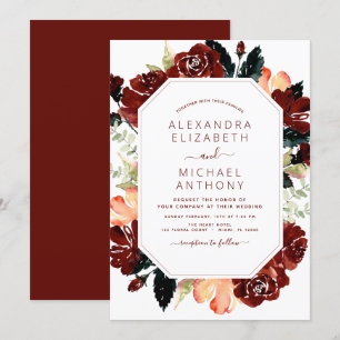 Burgundy Navy Blue Floral Wedding Elegant Einladung