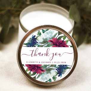 Burgundy Navy Blue Floral Wedding Vielen Dank Runder Aufkleber